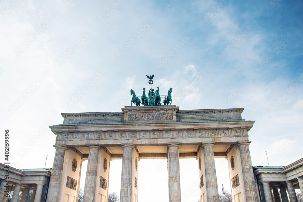 BERLIN, GERMANY- March 11, 2018: Brandenburg Gate (Brandenburger Tor) famous landmark in Berlin, Germany, rebuilt in the late 18th century as a neoclassical triumphal arch in Berlin