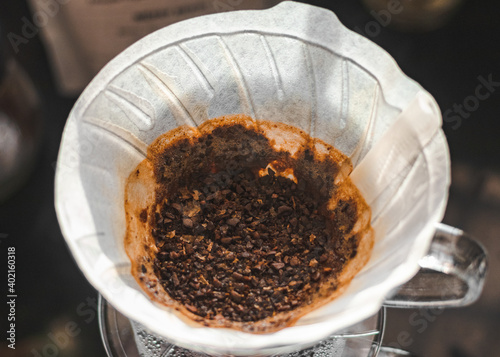Brewed coffee grounds in a V60