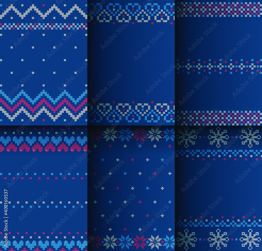 Set of knitted seamless prints. Woolen background. Blue knitted sweater with New Year and Christmas elements. Vector illustration