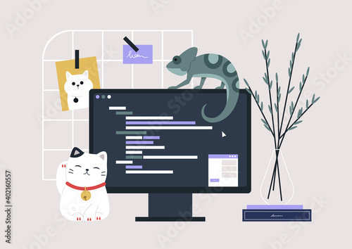 Cozy workspace, working from home lifestyle: a domestic lizard sitting on a monitor