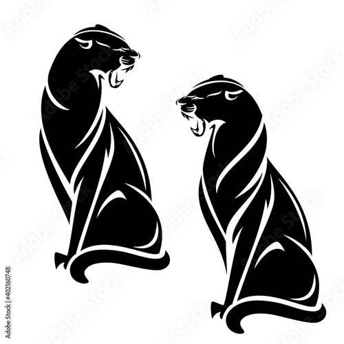 roaring black panther vector portrait - elegant sitting animal outline design