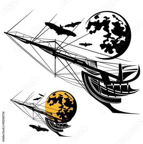 haunted pirate ship and flying flock of vampire bats on halloween night vector design set