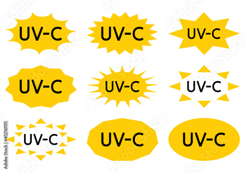 UV sterilization stamp. Sanitation device information sign. UV radiation, solar ultraviolet icons. Antimicrobial UVC Light Sanitation. Surface cleaning, medical decontamination procedure