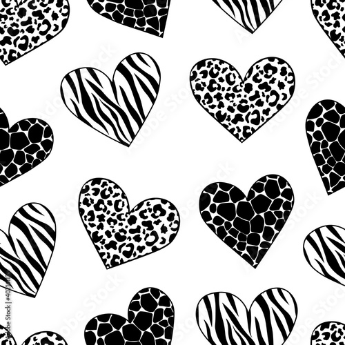 Seamless pattern hearts black and white animal print vector illustration