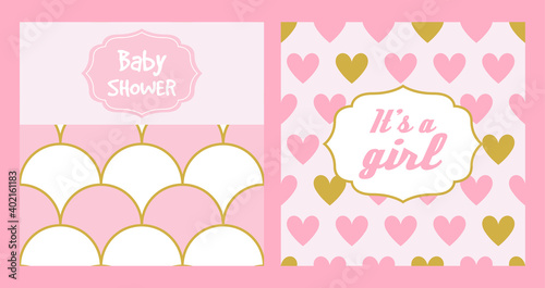 Baby shower invitations. Gently pink background for the birthday of the girl. Seamless background. Party occasion invitation template. Vector illustration