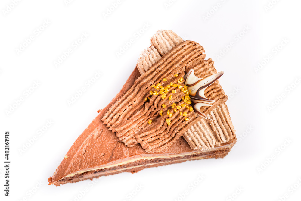 Obraz premium Piece of chocolate cake with icing on white isolated background