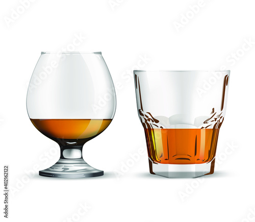 Collection of glasses for rum and whiskey Realistic glasses isolated on white background. Holiday realistic concept. Vector illustration