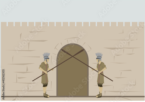 2 Roman soldiers block the exit from the gate within the walls of Jerusalem, the Old City.
The figures are dressed in military clothing from the Roman Empire.
Flat colored vector drawing.