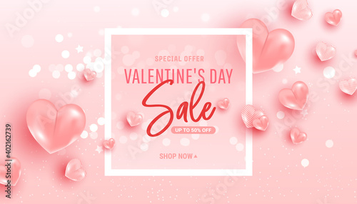 Happy saint valentine day sale background with air heart shaped balloons. Minimal frame. Vector illustration