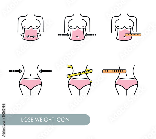Different icons of losing weight. Image of a slim woman's waist. Slimming icon. Stroke drawings