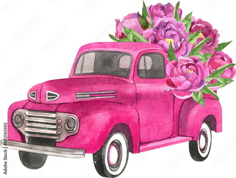 Watercolor retro truck with flowers and balloons. Valentine's day truck.