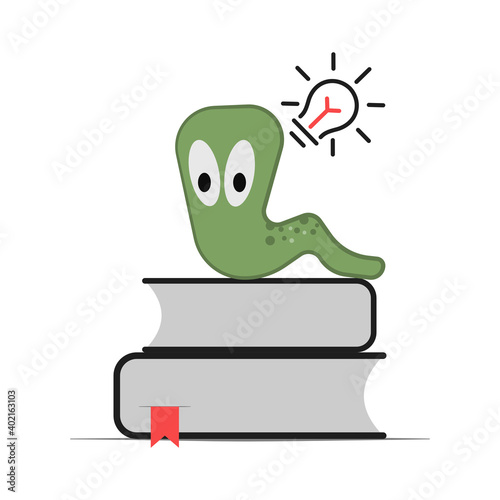 A bookworm on a pile of books. Creative idea concept. Flat style illustration. 