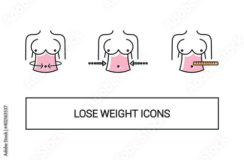 Different icons of losing weight. Image of a slim woman's waist. Slimming icon. Stroke drawings