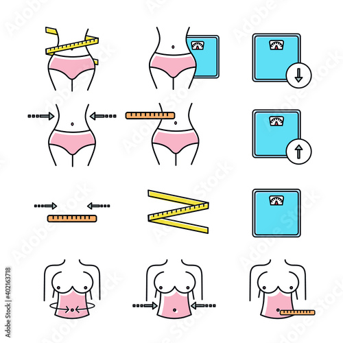 Different icons of losing weight. Image of a slim woman's waist. Slimming icon. Stroke drawings