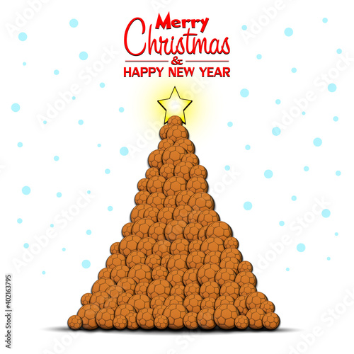 Merry Christmas and Happy New Year. Christmas tree made of handball balls. Snowflakes on the background. Greeting card design template with for new year. Vector illustration