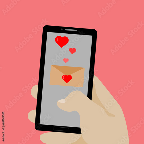 Valentines Day.Hand holding a phone and sends love messages.Letter with hearts.Vector flat colorful illustration. Love you.