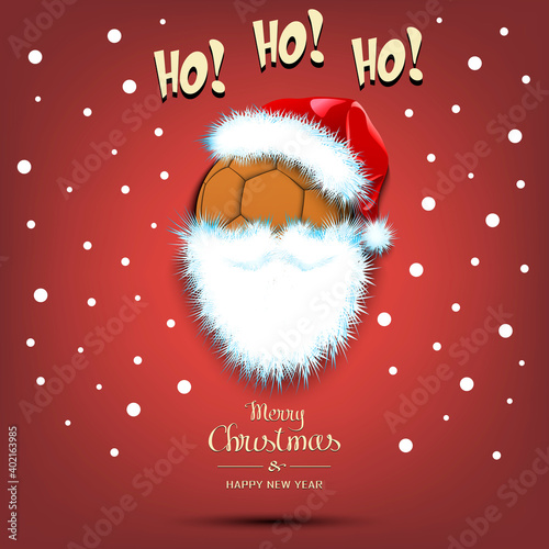 Merry Christmas and Happy New Year. Santa in the form of a handball ball. Handball ball with beard and santa hat. Greeting card design template with for new year. Vector illustration