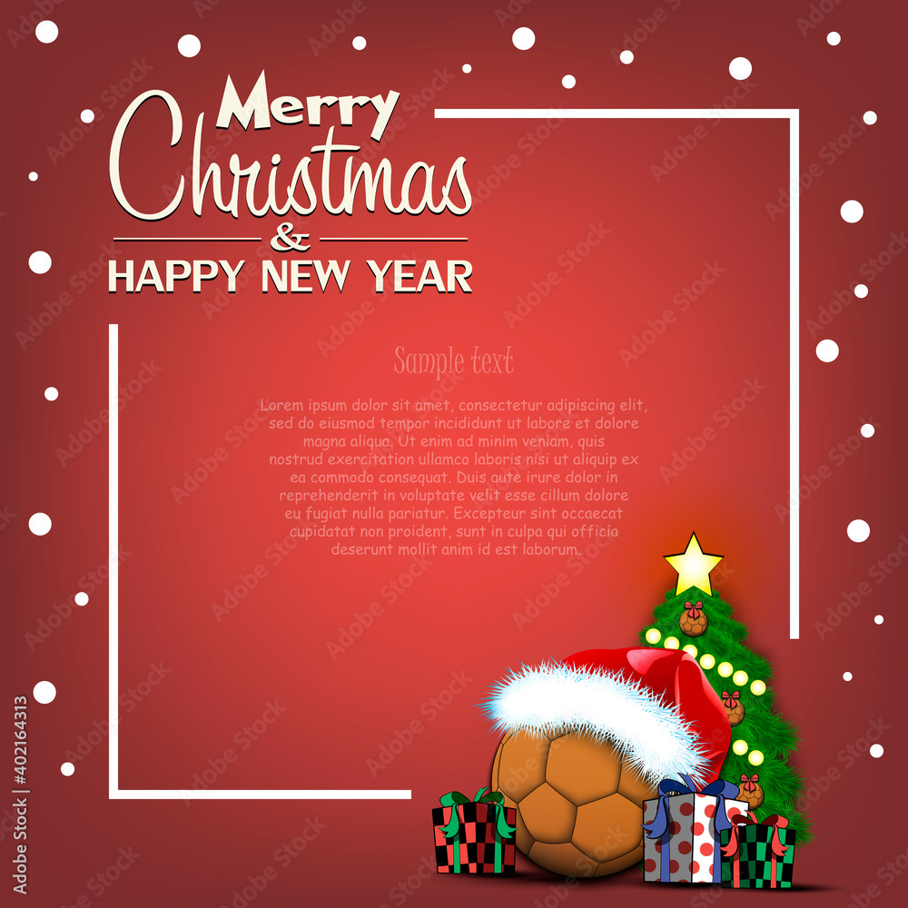 Merry Christmas and Happy New Year. Frame with handball ball, Christmas tree and gift boxes. Greeting card design template with for new year. Vector illustration