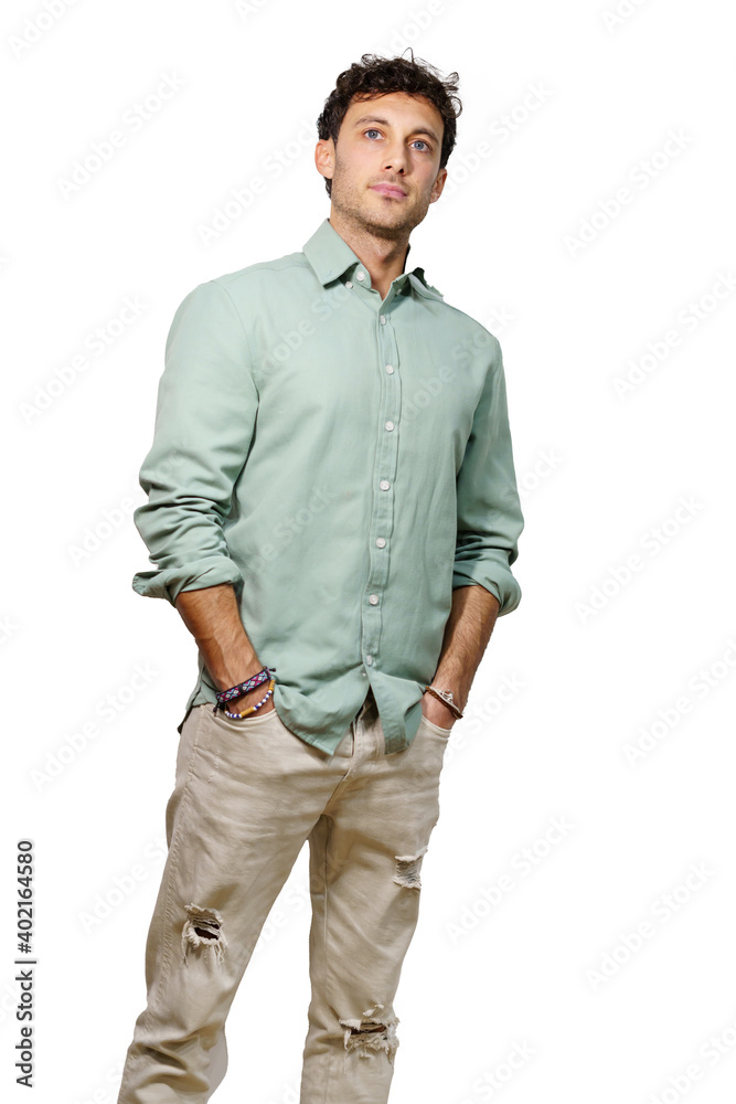 Fototapeta premium Vertical photo of a man in formal clothes with the hands on the pockets and hopeful expression isolated on white