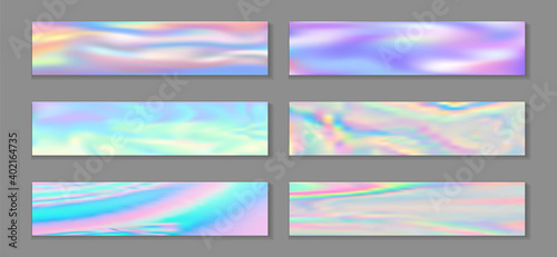 Hologram modern banner horizontal fluid gradient unicorn backgrounds vector set. Pearlecent