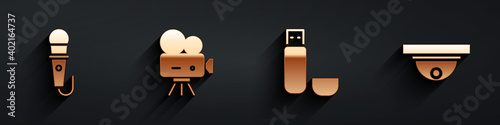 Set Microphone, Retro cinema camera, USB flash drive and Motion sensor icon with long shadow. Vector.