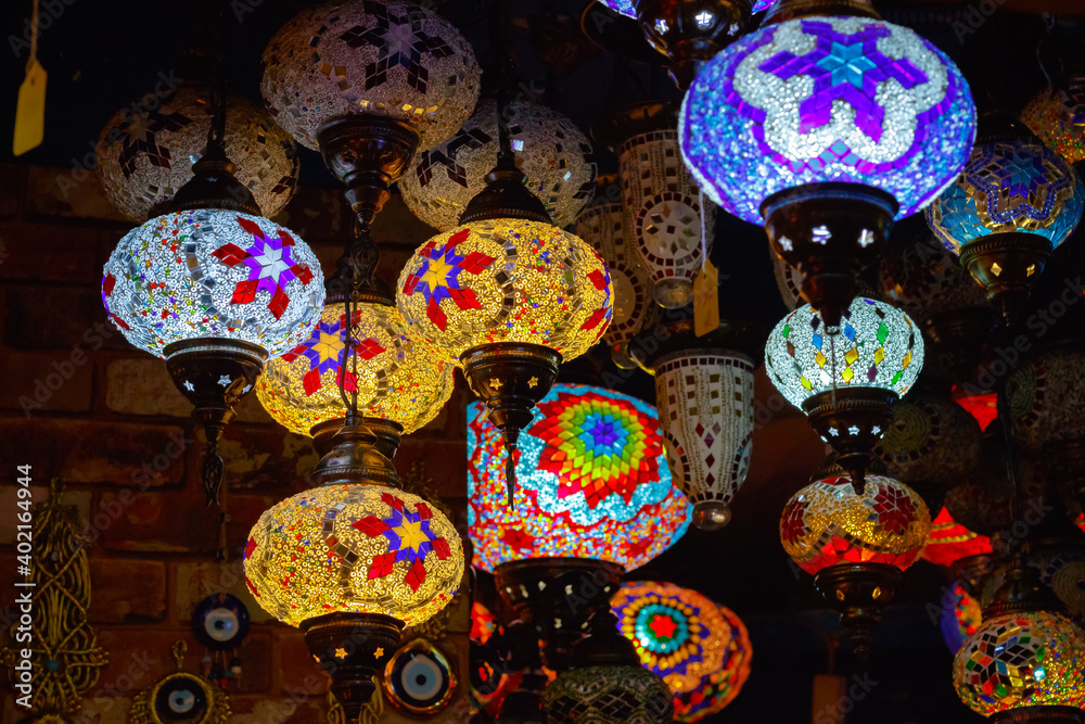 Turkish or Moroccan glass tea light hanging lanterns on display at Camden Market in London