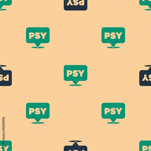 Green and black Psychology icon isolated seamless pattern on beige background. Psi symbol. Mental health concept, psychoanalysis analysis and psychotherapy. Vector.