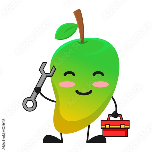 vector illustration of cute mango fruit service or character holding toolbox wrench. cute mango fruit Concept White Isolated. Flat Cartoon Style Suitable for Landing Page, Banner, Flyer, Sticker.