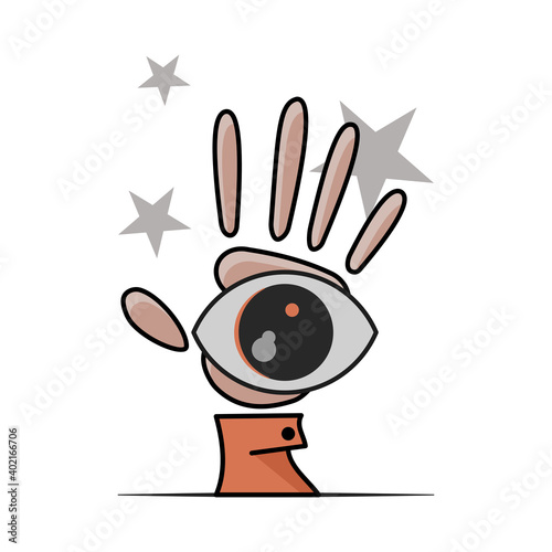 Hand with eye. Flat style illustration. Isolated on white background. 