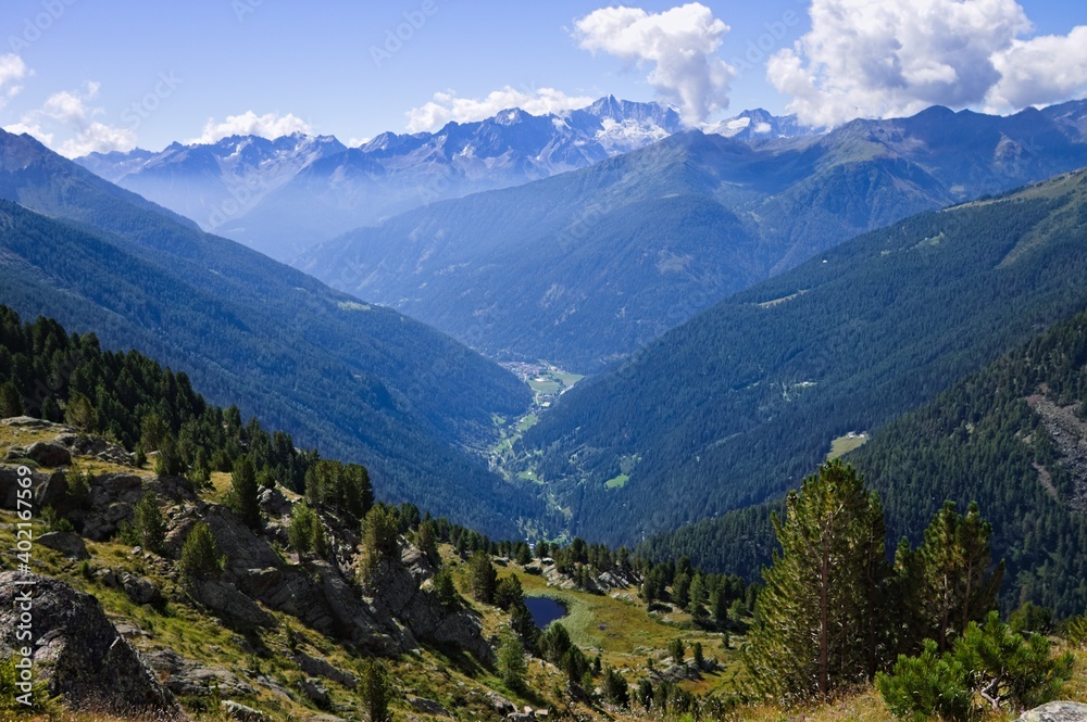 View from the peak of the mountains of the Peio valley in Trentino-Alto Adige (Alps, Italy, Europe)