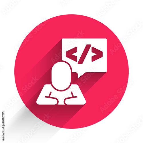 White Web design and front end development icon isolated with long shadow. Red circle button. Vector.