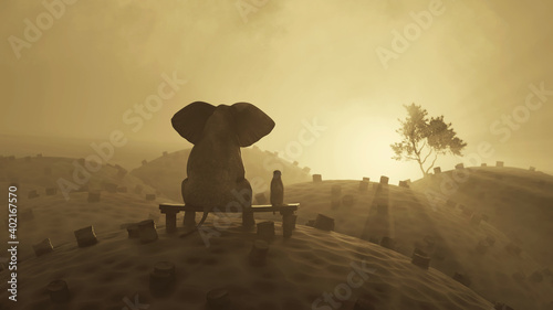 Canvas Print elephant and dog sit in the place of a cut forest