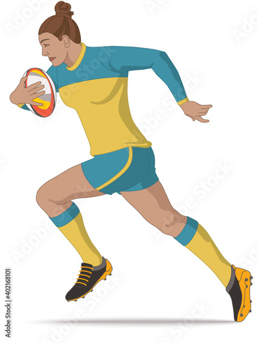 rugby sport league and union player, female running with ball isolated on a white background
