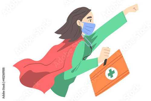 Doctor Superhero Wearing Medical Mask and Cape Flying with First Aid kit in her Hands, Professional Doctor Fighting Against Viruses Cartoon Style Vector Illustration