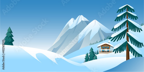 Beautiful mountain landscape in delicate shades. Image of an Alpine Chalet on the background of a mountain landscape. A template of horizontal banner. Vector illustration.