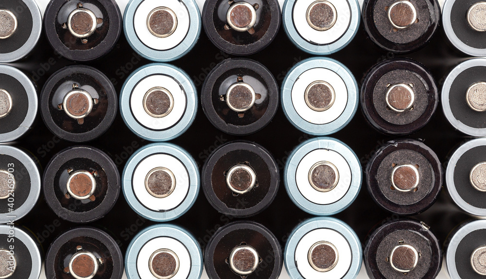 Batteries, top view, rows of rechargeable battery Batteries, top view, rows of rechargeable battery