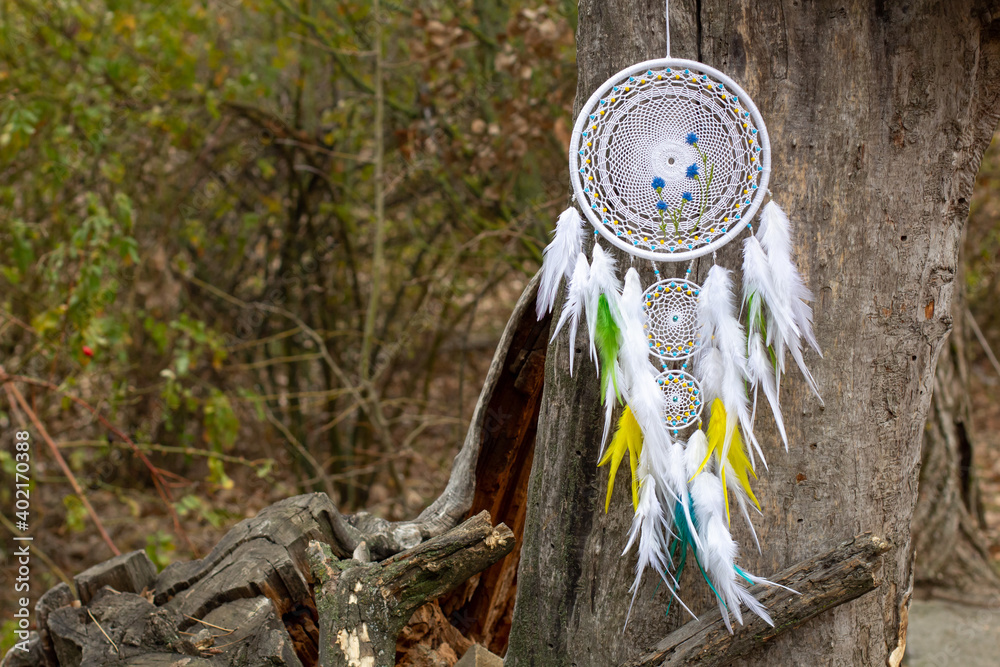 Handmade dream catcher with feathers threads and beads rope hanging Handmade dream catcher with feathers threads and beads rope hanging
