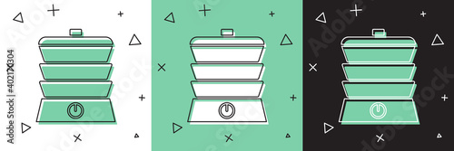 Set Slow cooker icon isolated on white and green, black background. Electric pan. Vector.