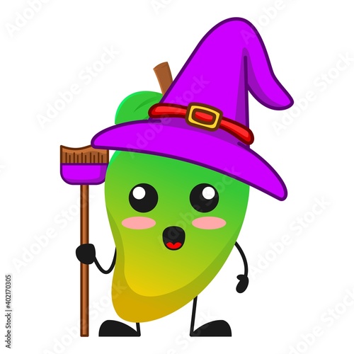 vector illustration of cute mango fruit halloween or character witch broom. cute mango fruit Concept White Isolated. Flat Cartoon Style Suitable for Landing Page, Banner, Flyer, Sticker.