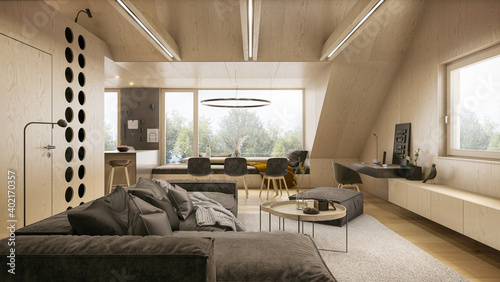 Interior of luxury wooden apartment in Okal. Comfortable living room with open space  3D rendering