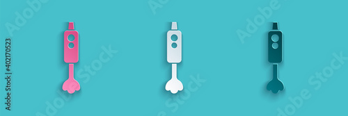 Paper cut Blender icon isolated on blue background. Kitchen electric stationary blender with bowl. Cooking smoothies, cocktail or juice. Paper art style. Vector.