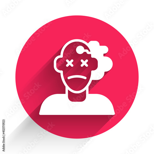 White Murder icon isolated with long shadow. Body, bleeding, corpse, bleeding icon. Concept of crime scene. Red circle button. Vector.