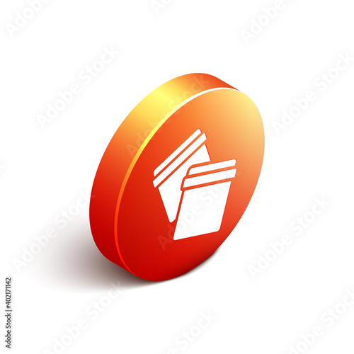 Isometric Plastic bag with ziplock icon isolated on white background. Orange circle button. Vector.