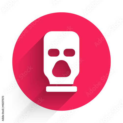 White Balaclava icon isolated with long shadow. A piece of clothing for winter sports or a mask for a criminal or a thief. Red circle button. Vector.