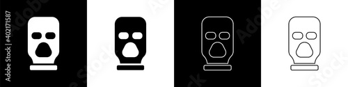 Set Balaclava icon isolated on black and white background. A piece of clothing for winter sports or a mask for a criminal or a thief. Vector.