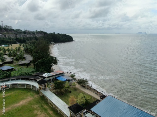 Creative Aerial Shots of the Santubong and Damai Beaches of Sarawak Malaysia, beside the South China Sea, with the mighty Mount Santubong as the backgroundCreative Aerial Shots of the Santubong and Da photo