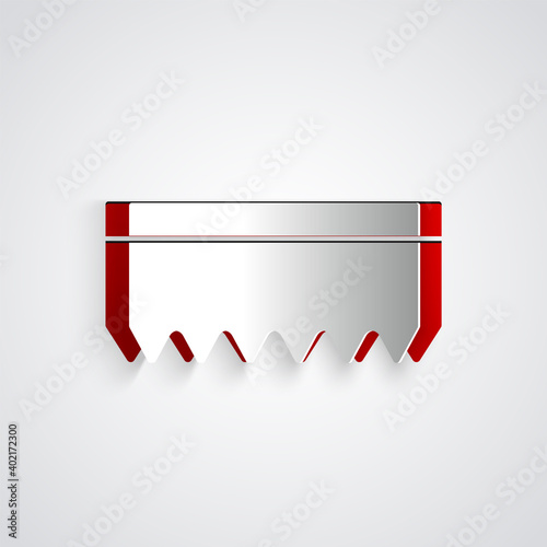 Paper cut Sponge icon isolated on grey background. Wisp of bast for washing dishes. Cleaning service logo. Paper art style. Vector.