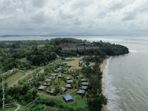 Creative Aerial Shots of the Santubong and Damai Beaches of Sarawak Malaysia, beside the South China Sea, with the mighty Mount Santubong as the backgroundCreative Aerial Shots of the Santubong and Da photo