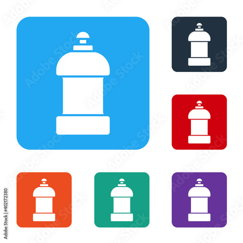 White Plastic bottle for laundry detergent, bleach, dishwashing liquid or another cleaning agent icon isolated on white background. Set icons in color square buttons. Vector.