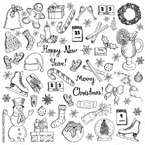 Merry christmas and happy new year collection. Spices, hat, skates, mulled wine, candle, greeting, snowman, gifts, bell, gingerbread, cinnamon, champagne, tangerine sketch hand drawn illustrations.